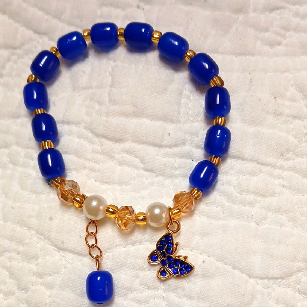 Blue and Gold Beaded Bracelet with Butterfly Charm